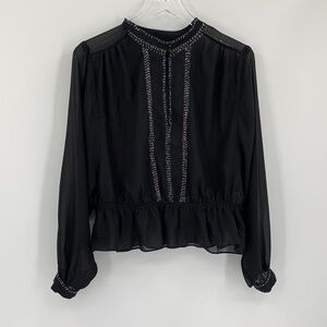 Free People chiffon blouse beading chevron keyhole shirt top black Medium